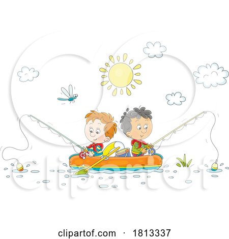 Boys Fishing in a Raft Licensed Cartoon Clipart by Alex Bannykh