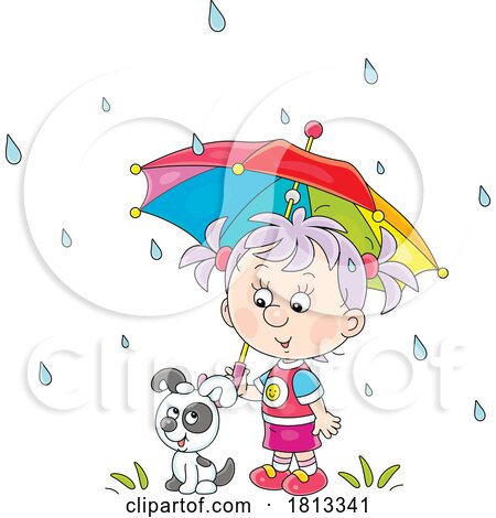 Puppy and Girl with Umbrella in the Rain Licensed Cartoon Clipart by Alex Bannykh