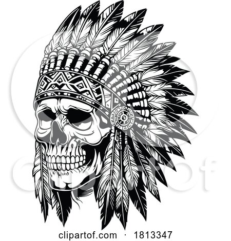 Indiginous Chief Skull with Feather Headdress Black and White Clipart by dero