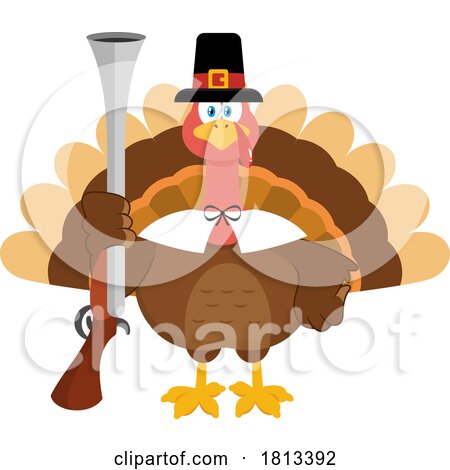 Pilgrim Turkey Bird Mascot with Blunderbus Licensed Cartoon Clipart by Hit Toon