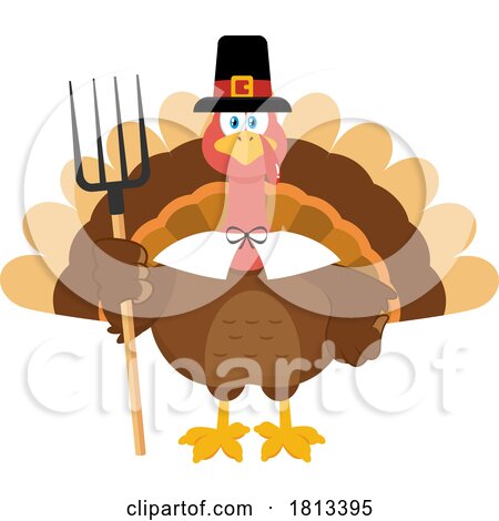 Pilgrim Turkey Bird Mascot with Pitchfork Licensed Cartoon Clipart by Hit Toon