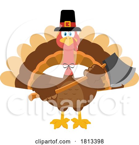 Pilgrim Turkey Bird Mascot Holding Axe Licensed Cartoon Clipart by Hit Toon