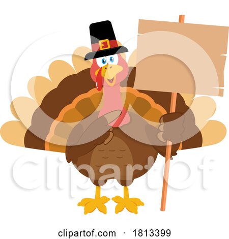 Pilgrim Turkey Bird Mascot with Wood Sign Licensed Cartoon Clipart by Hit Toon