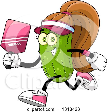 Female Pickleball Pickle Mascot Licensed Cartoon Clipart by Hit Toon