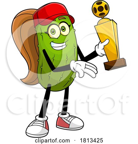 Female Pickleball Pickle Mascot Holding a Trophy Licensed Cartoon Clipart by Hit Toon