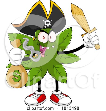 Pot Leaf Pirate Mascot with a Money Bag Licensed Cartoon Clipart by Hit Toon