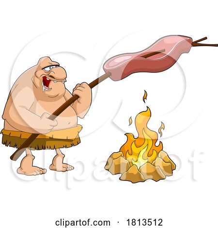 Caveman Cooking Meat over a Fire Licensed Cartoon Clipart by Hit Toon