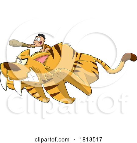 Caveman Boy Riding a Saber Tooth Tiger Licensed Cartoon Clipart by Hit Toon