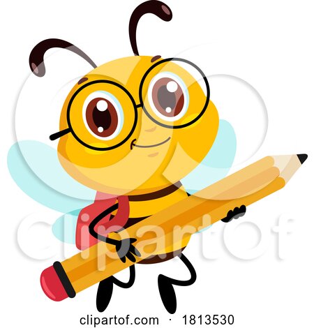 School Bee Mascot Flying with a Pencil Licensed Cartoon Clipart by Hit Toon