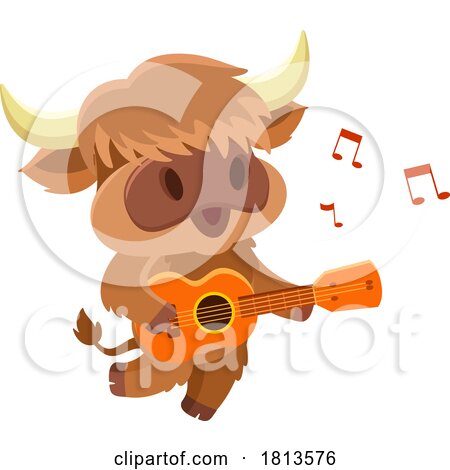 Highland Cow Playing a Guitar Mascot Licensed Cartoon Clipart by Hit Toon