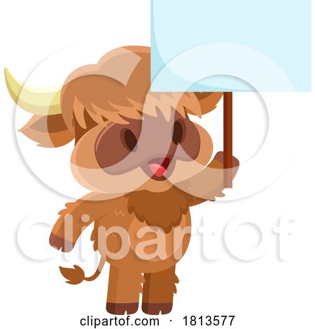 Highland Cow Mascot with a Sign Licensed Cartoon Clipart by Hit Toon