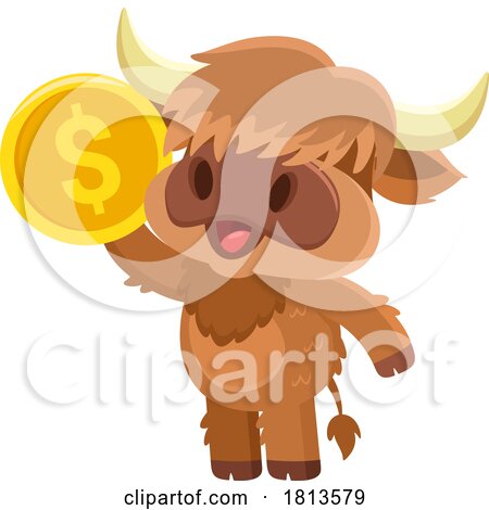 Highland Cow Mascot with a Coin Licensed Cartoon Clipart by Hit Toon