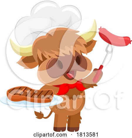 Highland Cow Mascot Chef with Sausage and Steak Licensed Cartoon Clipart by Hit Toon