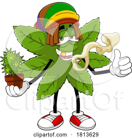 Pot Leaf Mascot Smoking and Holding a Plant Licensed Cartoon Clipart by Hit Toon