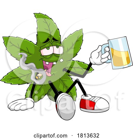 Pot Leaf Mascot Holding a Beer Licensed Cartoon Clipart by Hit Toon