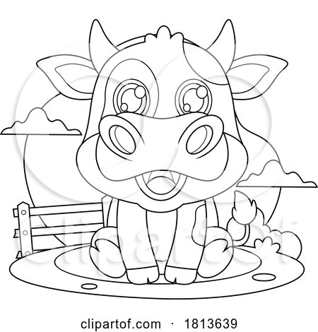 Sitting Cow Barnyard Animal Licensed Black and White Cartoon Clipart by Hit Toon