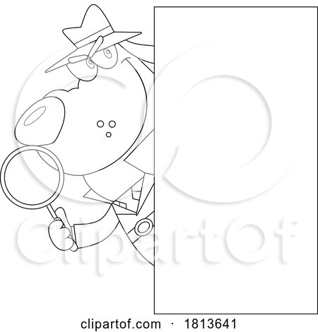 Detective Dog with Magnifying Glass Around Sign Licensed Black and White Cartoon Clipart by Hit Toon
