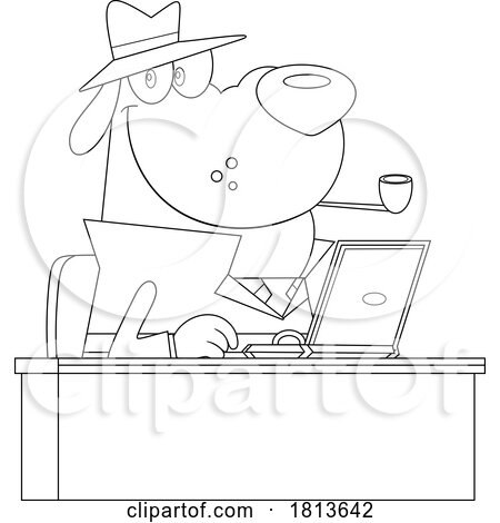 Detective Dog Researching at a Desk Licensed Black and White Cartoon Clipart by Hit Toon