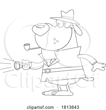 Detective Dog with Flashlight Licensed Black and White Cartoon Clipart by Hit Toon