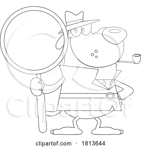 Detective Dog with Magnifying Glass Licensed Black and White Cartoon Clipart by Hit Toon