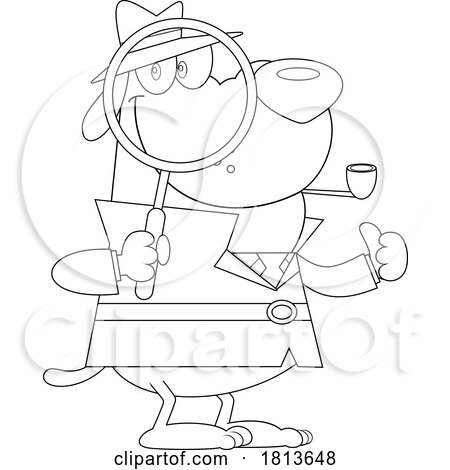 Detective Dog with Magnifying Glass Licensed Black and White Cartoon Clipart by Hit Toon