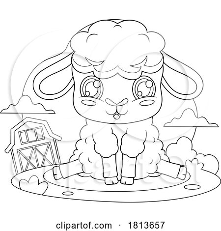 Sitting Lamb Barnyard Animal Licensed Black and White Cartoon Clipart by Hit Toon