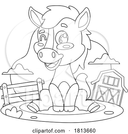 Sitting Horse Barnyard Animal Licensed Black and White Cartoon Clipart by Hit Toon