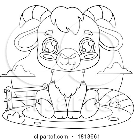 Sitting Goat Barnyard Animal Licensed Black and White Cartoon Clipart by Hit Toon