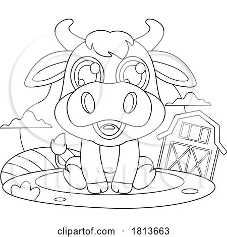 Bull Sitting Barnyard Animal Licensed Black and White Cartoon Clipart by Hit Toon