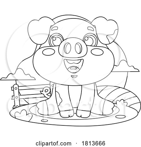 Piggy Barnyard Animal Licensed Black and White Cartoon Clipart by Hit Toon