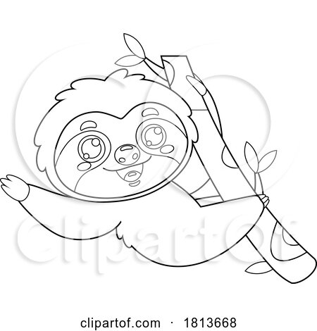 Cute Sloth in a Tree Licensed Black and White Cartoon Clipart by Hit Toon