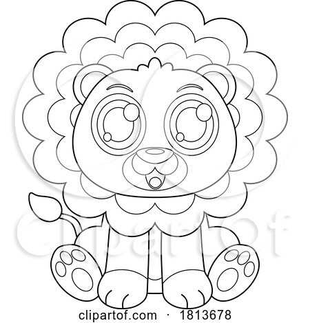 Cute Sitting Lion Cub Licensed Black and White Cartoon Clipart by Hit Toon