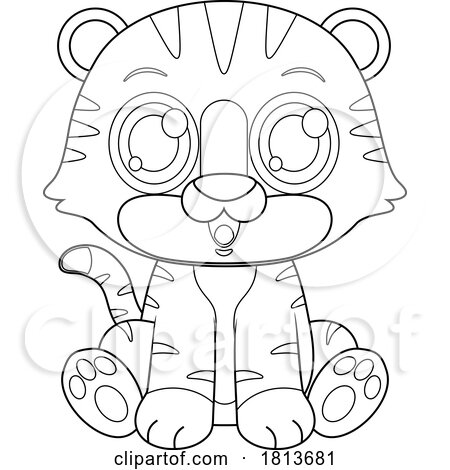 Cute Sitting Tiger Cub Licensed Black and White Cartoon Clipart by Hit Toon