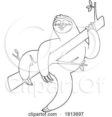 Sloth Hanging out on a Branch Licensed Black and White Cartoon Clipart by Hit Toon