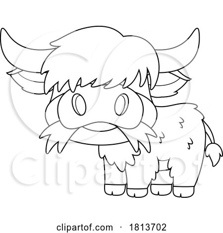 Highland Cow Mascot Eating Licensed Black and White Cartoon Clipart by Hit Toon