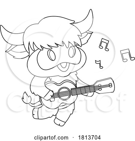 Highland Cow Playing a Guitar Mascot Licensed Black and White Cartoon Clipart by Hit Toon