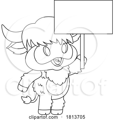 Highland Cow Mascot with a Sign Licensed Black and White Cartoon Clipart by Hit Toon