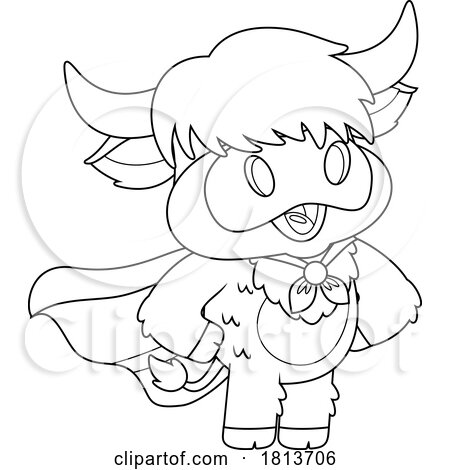 Super Hero Highland Cow Mascot Licensed Black and White Cartoon Clipart by Hit Toon