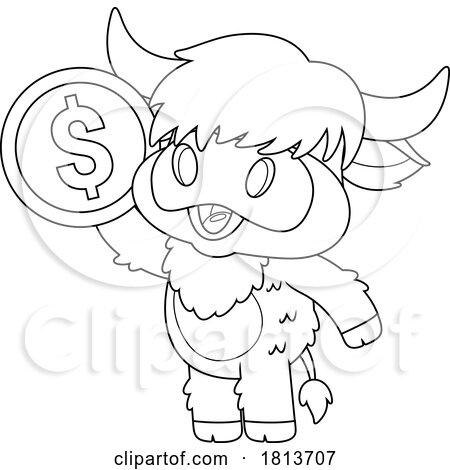 Highland Cow Mascot with a Coin Licensed Black and White Cartoon Clipart by Hit Toon