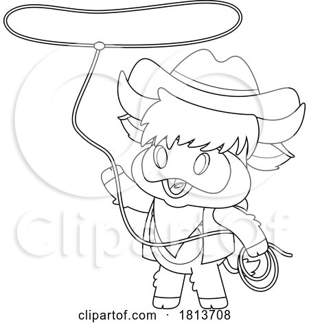 Highland Cow Mascot Cowboy Licensed Black and White Cartoon Clipart by Hit Toon