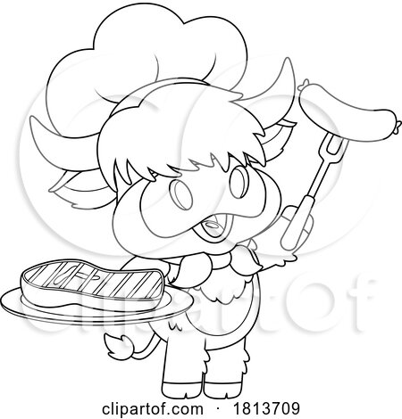 Highland Cow Mascot Chef with Sausage and Steak Licensed Black and White Cartoon Clipart by Hit Toon