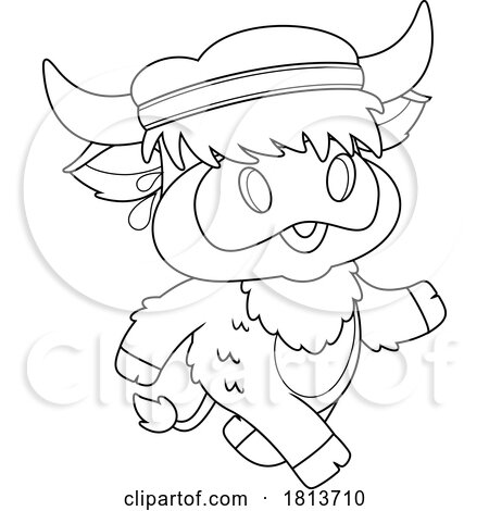 Highland Cow Mascot Running Licensed Black and White Cartoon Clipart by Hit Toon