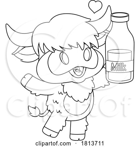 Highland Cow Mascot with Milk Licensed Black and White Cartoon Clipart by Hit Toon