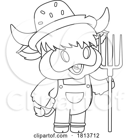 Highland Cow Mascot Farmer Licensed Black and White Cartoon Clipart by Hit Toon