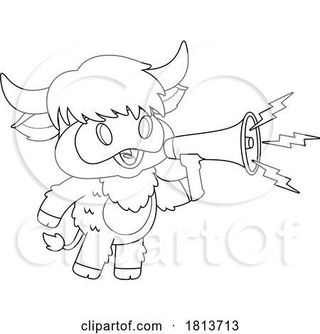 Highland Cow Mascot Using a Megaphone Licensed Black and White Cartoon Clipart by Hit Toon