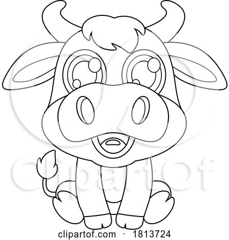 Bull Sitting Barnyard Animal Licensed Black and White Cartoon Clipart by Hit Toon