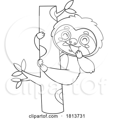 Sloth Eating a Leaf Licensed Black and White Cartoon Clipart by Hit Toon