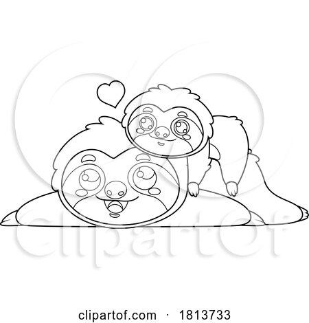 Sloth and Baby Cuddling Licensed Black and White Cartoon Clipart by Hit Toon