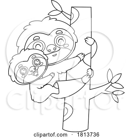 Sloth and Baby in a Tree Licensed Black and White Cartoon Clipart by Hit Toon