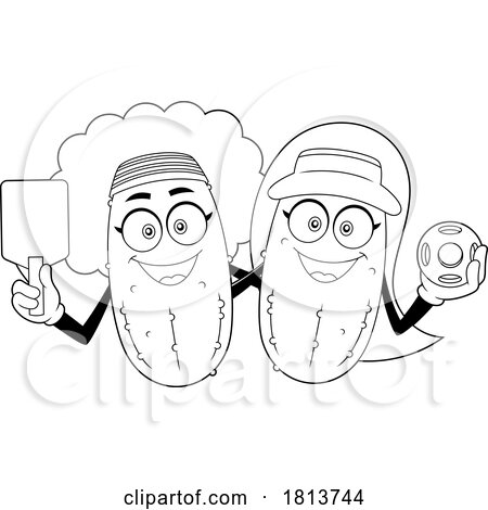 Female Pickleball Pickle Mascots Licensed Black and White Cartoon Clipart by Hit Toon